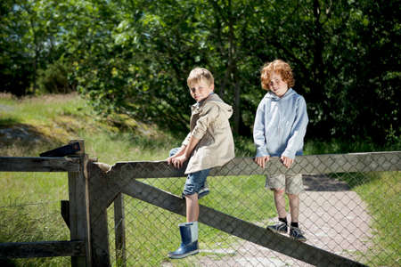 Children climbing wooden fence outdoorsの写真素材