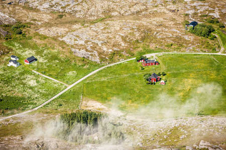 Aerial view of road in rural landscapeの写真素材