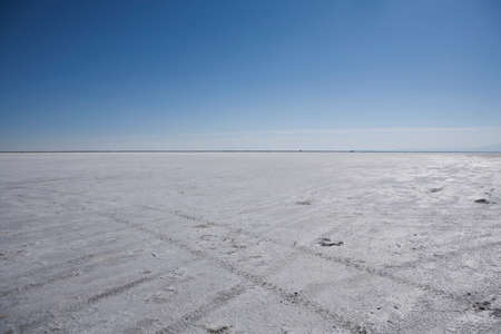 Tire tracks in desert landscapeの写真素材