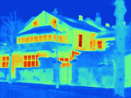 Thermal image of house on city streetの写真素材