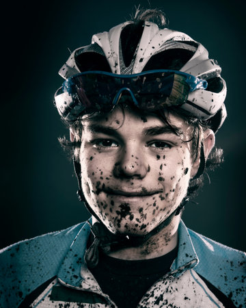 Mud splattered cyclist smilingの写真素材