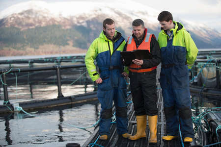 Workers on salmon farm in rural lake