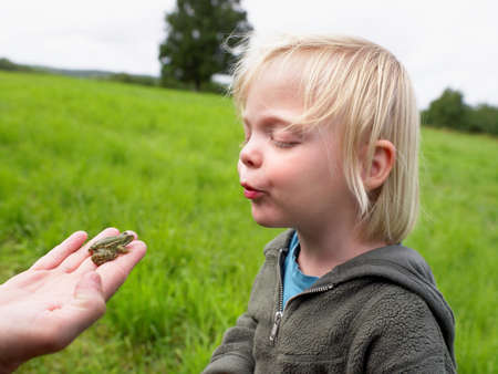 Young girl looking at a small frogの写真素材