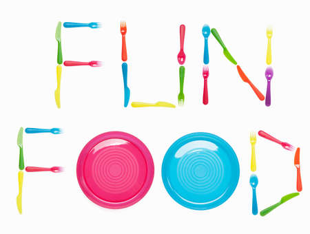 FUN FOOD written with plastic cutlery and plates