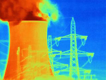 Power station cooling tower and electrical towerの写真素材