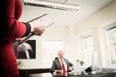 Secretary holding diary, manager sitting at desk