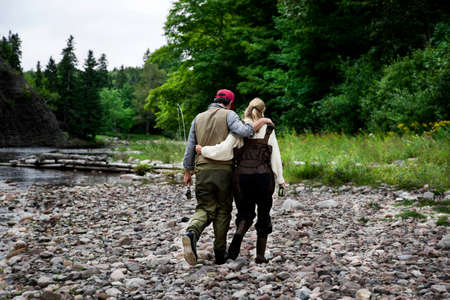 Fisher couple at  Margaree River, Cape Breton Island, Nova Scotiaの写真素材