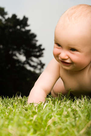 Baby crawling on grassの写真素材