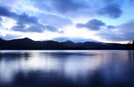 Lake at dusk, Lake District, Cumbria, England, UKの写真素材