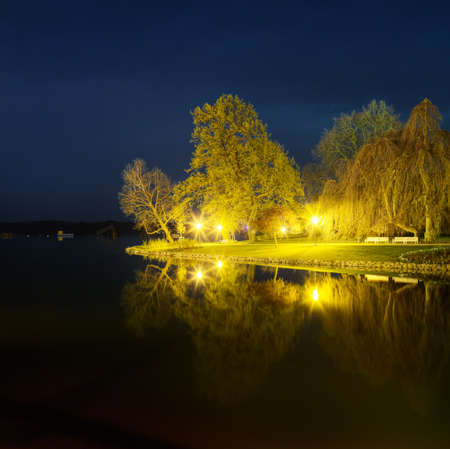 Park at night, Schwerin, Germanyの写真素材