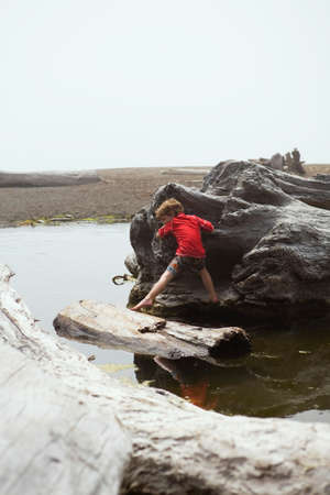 Boy climbing on pieces of driftwoodの写真素材