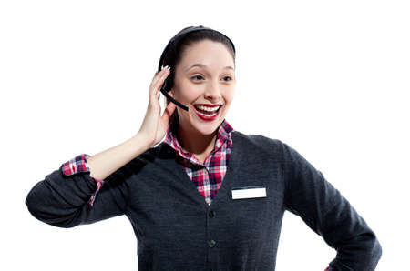Happy young woman on telephone headset