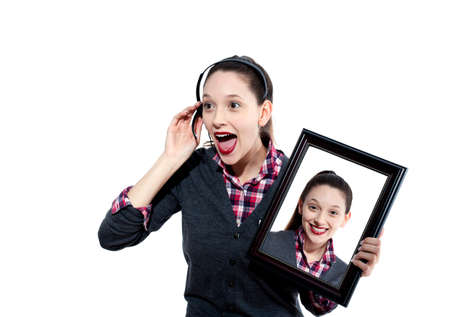 Young woman on headset with picture of herself