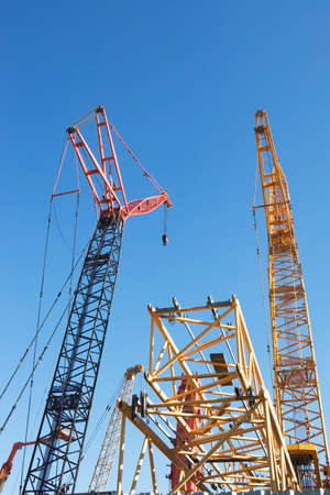 Colorful cranes against blue skyの写真素材