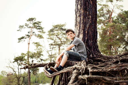 Boy sitting on roots of tree trunkの写真素材