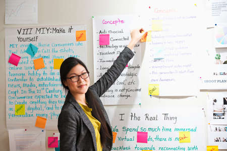 Woman with adhesive notes and papers on wall