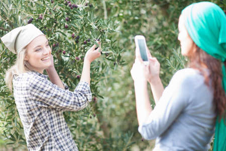 Woman taking photo of friend in olive groveの写真素材