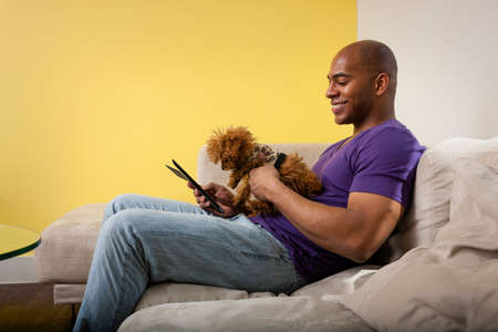 Mid adult male sitting on sofa with dog looking at digital tabletの写真素材