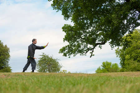 Mature man performing Tai Chi in countrysideの写真素材