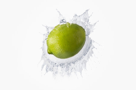 Lime splashing in liquidの写真素材