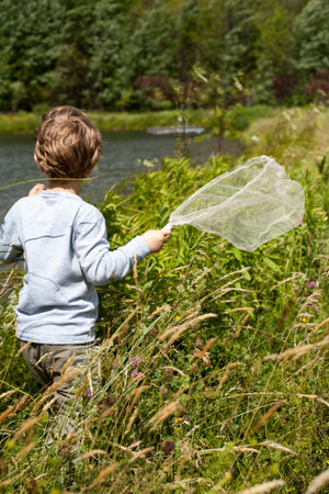 Young boy in meadow with butterfly netの写真素材