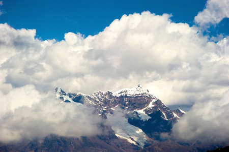 View to snowcap at Masl pass (4400m) on the road to Lares, Peruの写真素材