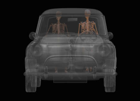 Automobile with driver and passenger as skeletonsの写真素材