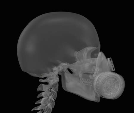 Illustration of a human skull wearing a dust maskの写真素材