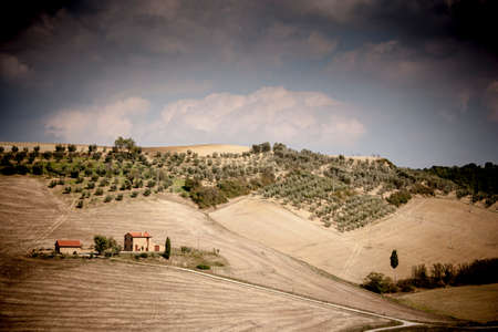 Farmhouse in field, Siena, Valle Orcia, Tuscany, Italyの写真素材
