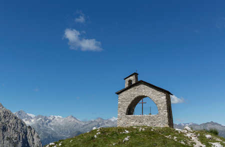 Stone chapel in the mountains, Brenta Dolomites, Italyの写真素材