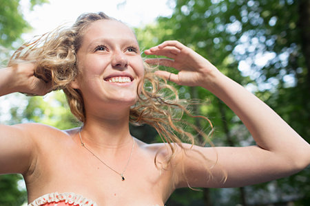 Teenage girl expressing happiness and freedomの写真素材