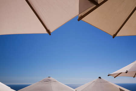 Parasols with clear blue sky and seaの写真素材