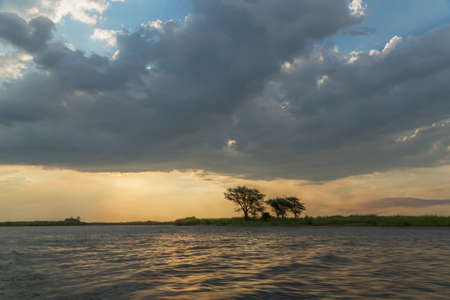 Water and silhouetted trees, Kasane, Chobe National Park, Botswana, Africaの写真素材