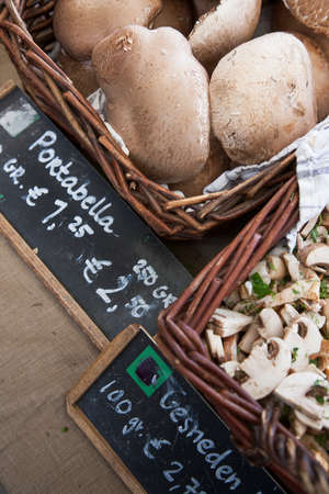 Close up of market portabella mushrooms, Amsterdam, Netherlandsの写真素材