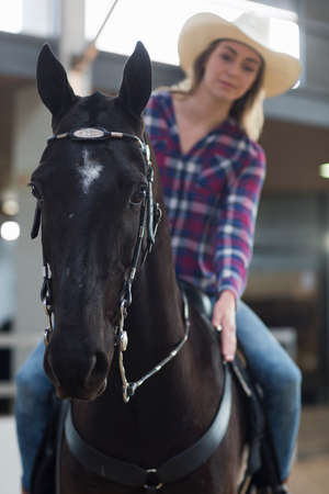 Young woman horseback rider patting horse in indoor paddock