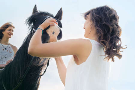 Low angle view of young woman on horseの写真素材