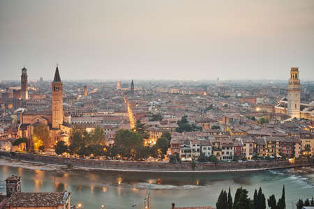 Elevated view of Verona, Italy, at duskの写真素材