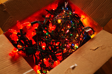 Christmas lights in cardboard box