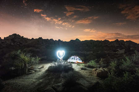 Illuminated tent by night, Joshua Tree National Park, California, USの写真素材