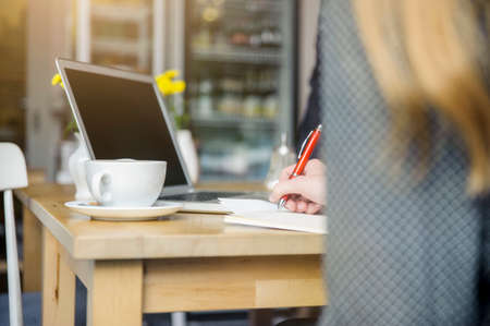 Young woman sitting in cafe, using laptop, rear viewの写真素材