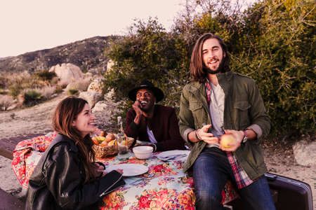 Three adult friends having picnic in desert, Los Angeles, California, USA