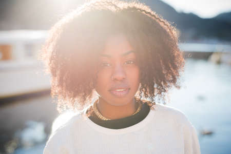 Close up portrait of young woman, Lake Como, Italyの写真素材