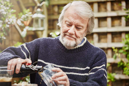 Senior man pouring beerの写真素材