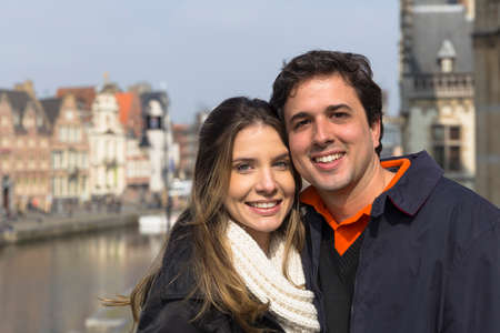 Portrait of couple by Leie river, Ghent, Flanders, Belgiumの写真素材