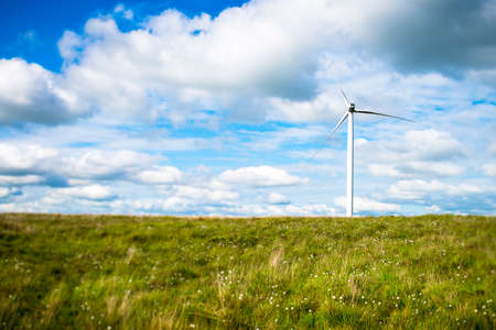 View of wind turbine in cotton grass field, UKの写真素材