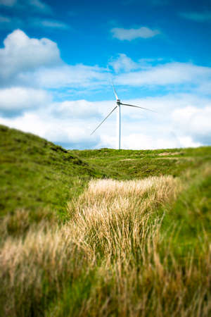View of wind turbine in moorland field, UKの写真素材