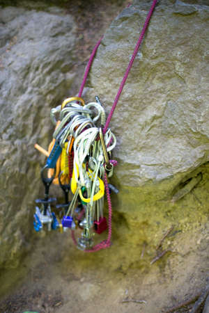 Rock climbing equipment, French's Dome, Zig Zag, Oregon, USA