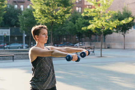 Mid adult woman, using weights, outdoors