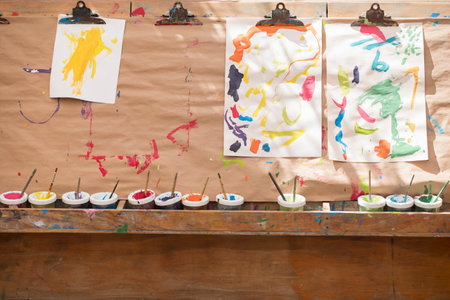 Children's paintings, hanging to dryの写真素材