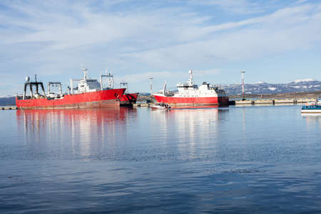 Two ferries moored in harbor, Ushuaia, Tierra del Fuego, Argentinaのeditorial素材